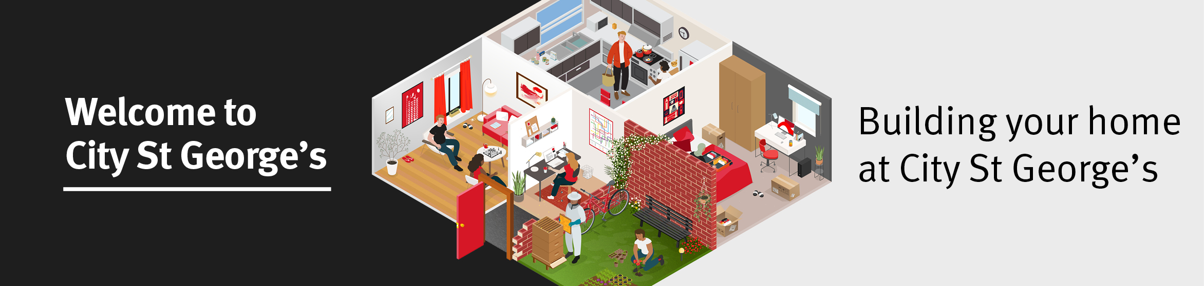 Illustration of flat with living room, kitchen, study, bedroom and garden. 