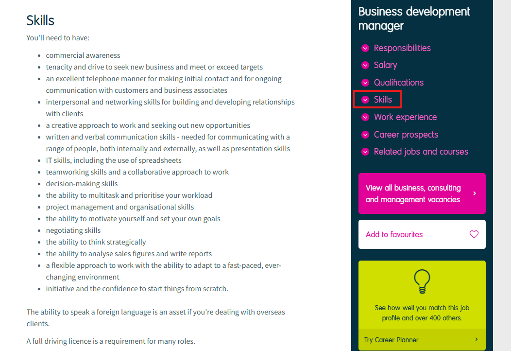 Where to find the Skills section on a Prospects job profile Skills section of a Job Profile on Prospects