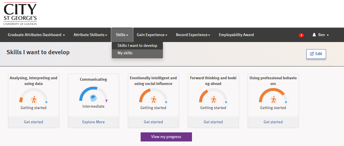 A screenshot of the 'Skills I want to develop' page on the Graduate Attributes dashboard