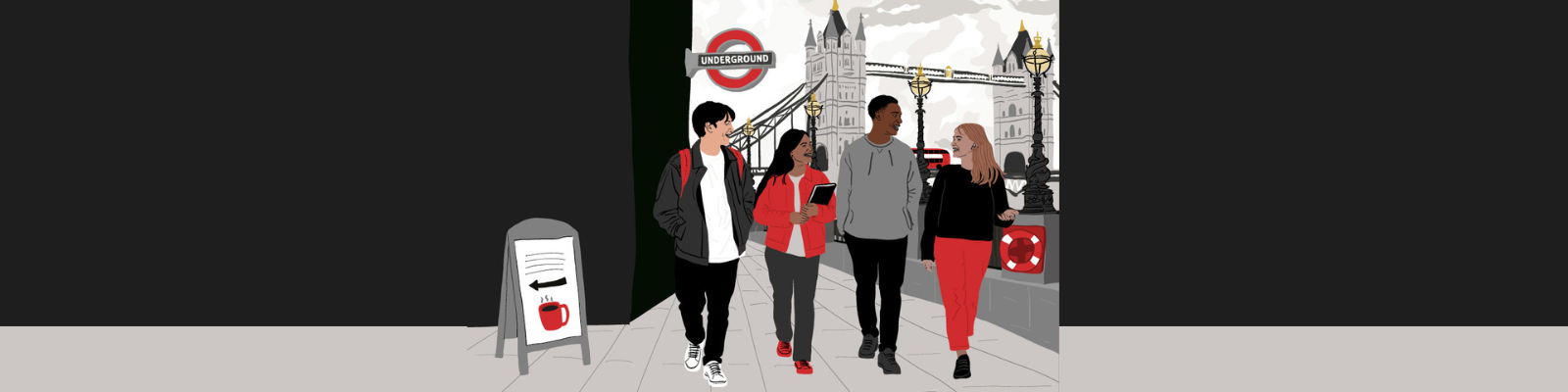 Illustration of group of students smiling in London with Tower Bridge in background