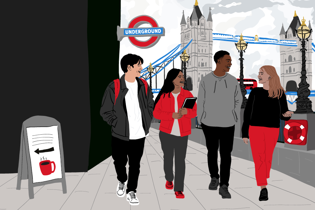 Illustration of students walking in London