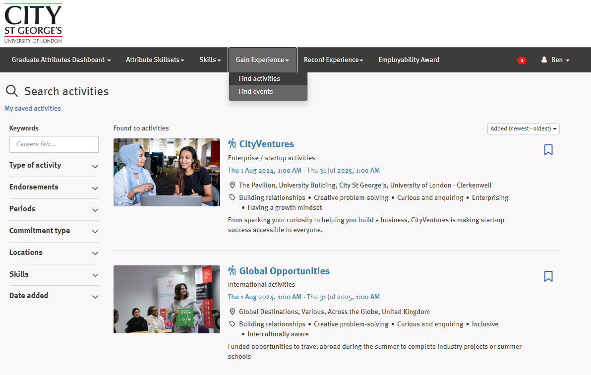 A screenshot of the Find Activities search results on the Graduate Attributes dashboard