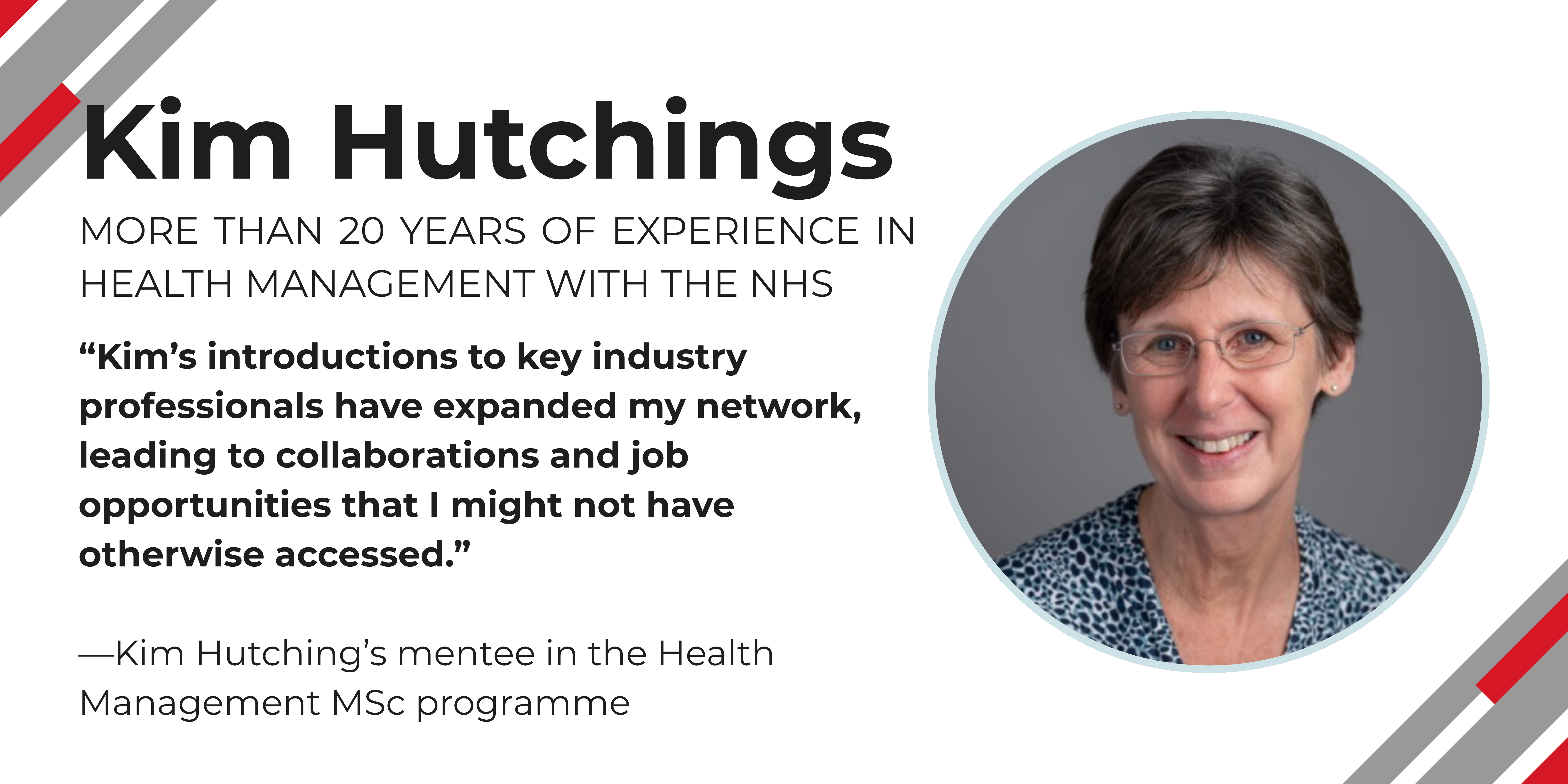 A headshot of mentor Kim Hutchings with testimonial from their mentee on the left