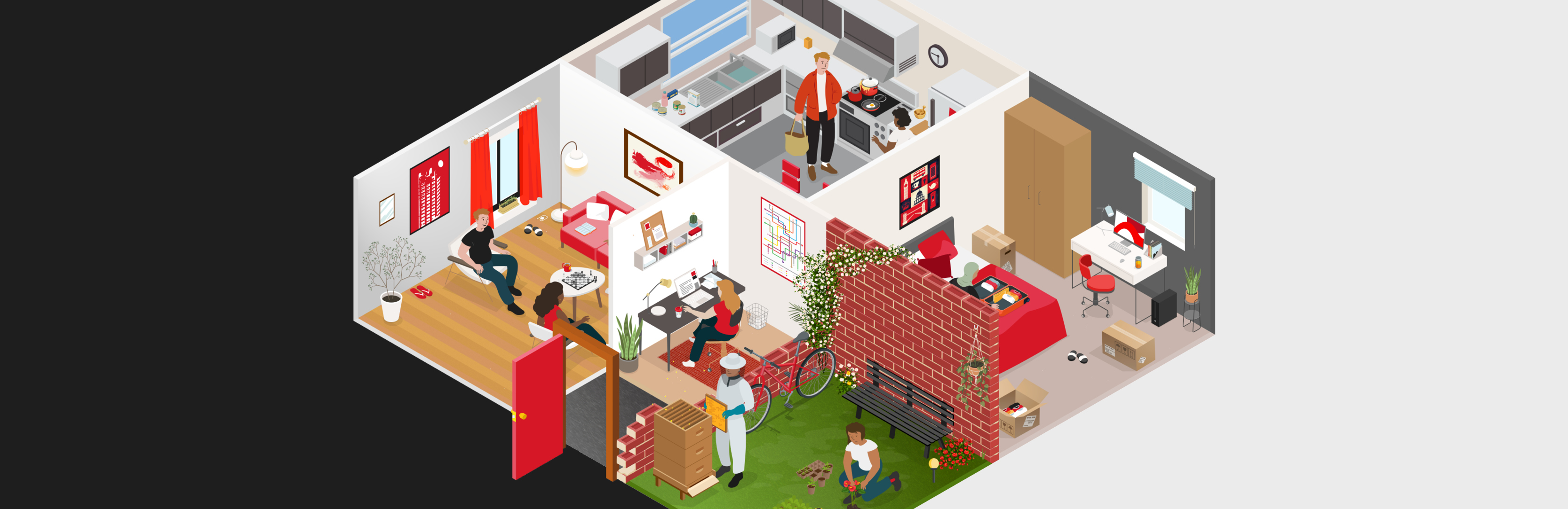 Illustration of flat with living room, kitchen, study, bedroom and garden. 