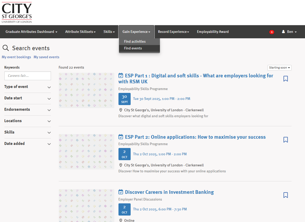 A screenshot of the Find Events search results page on the Graduate Attributes dashboard