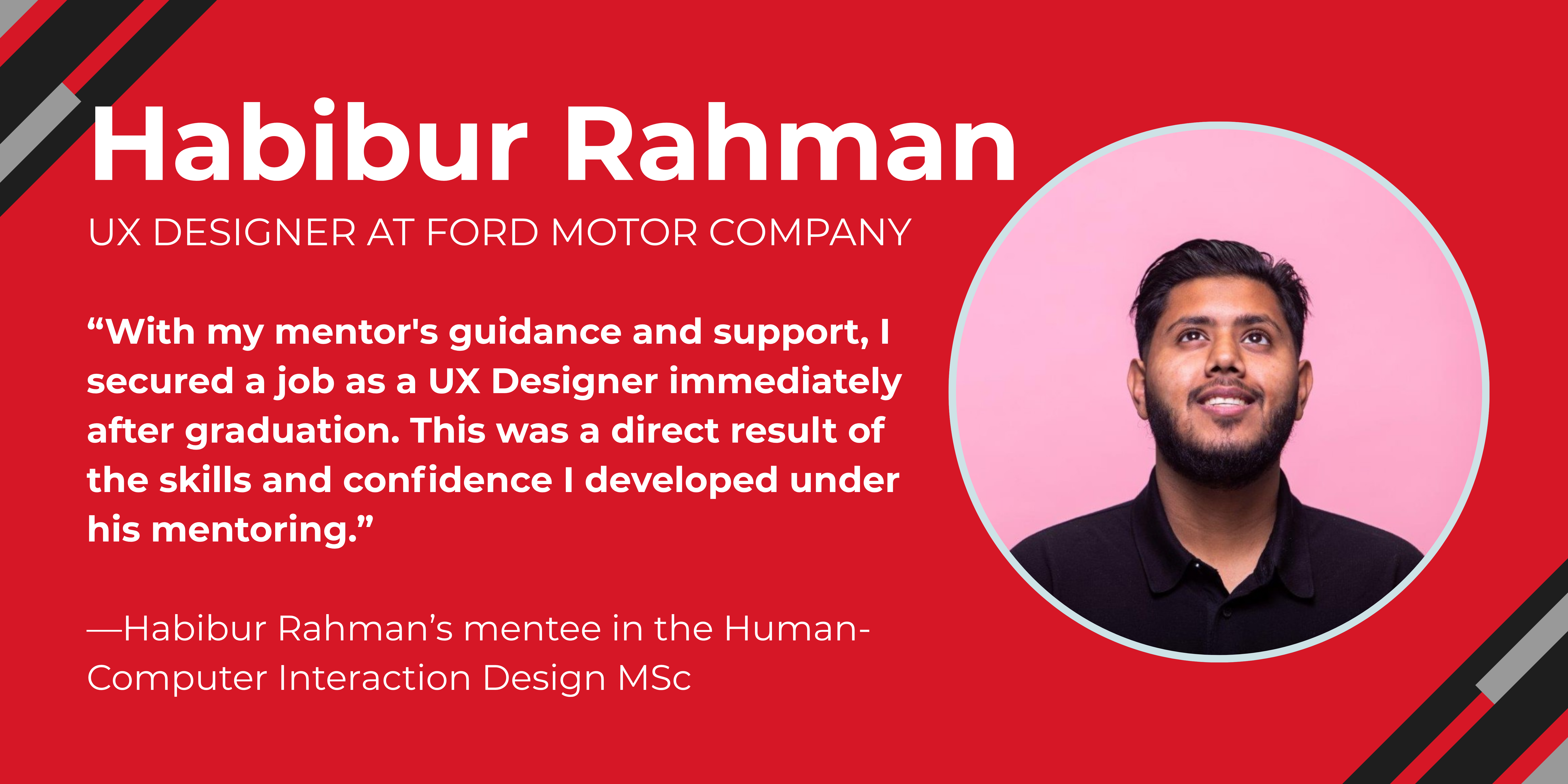 A headshot of mentor Habibur Rahman with testimonial from their mentee on the left