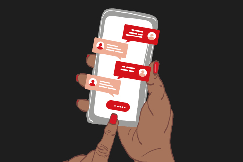 Illustration of student holding a phone with chat bubbles